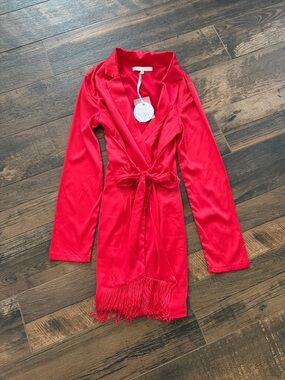 Red Satin Tie-Waist Mini Dress with Fringe